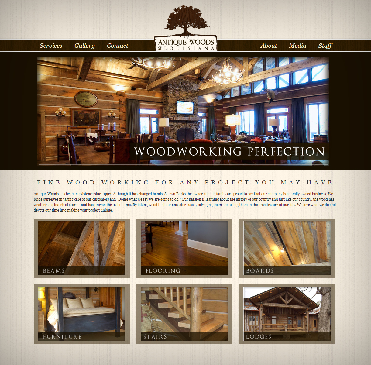 A woodworking web design screenshot for a company in Lafayette LA