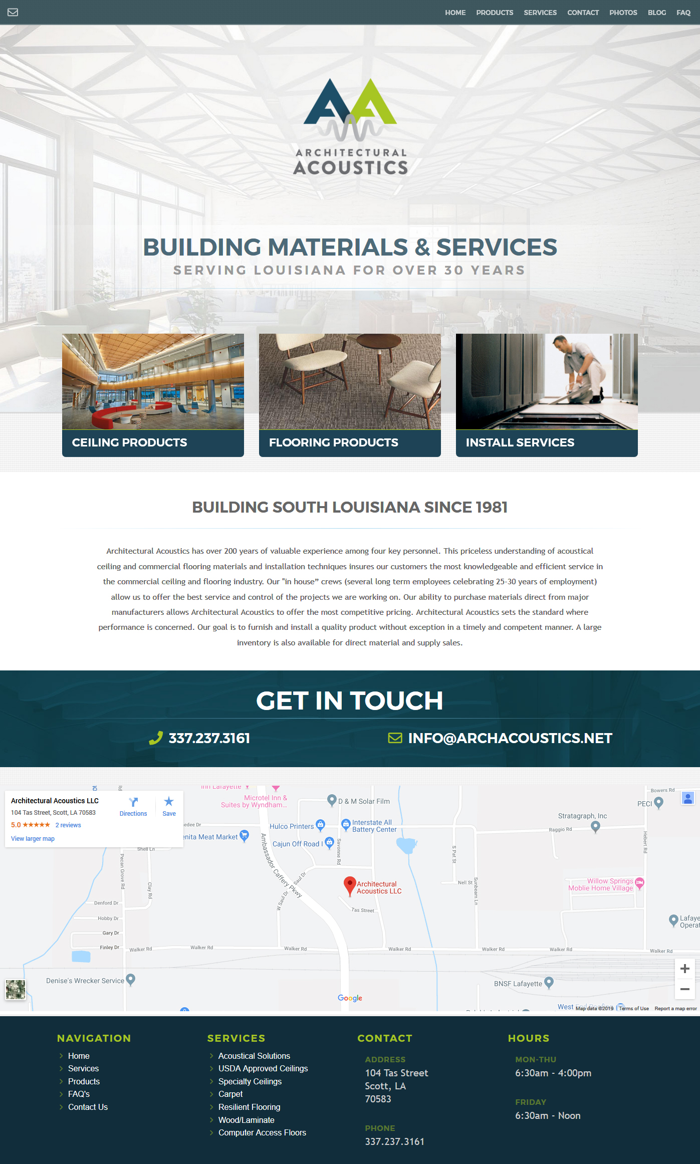 An Architectural supplies web design screenshot for a company in Lafayette LA