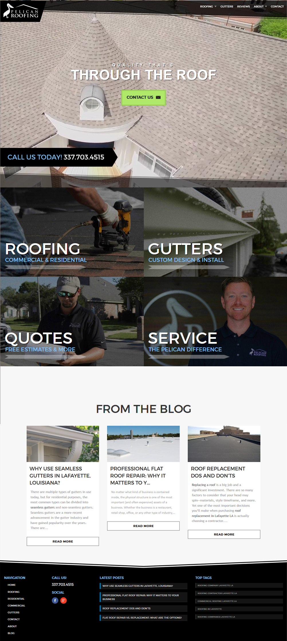A roofing company web design screenshot for a company in Lafayette LA